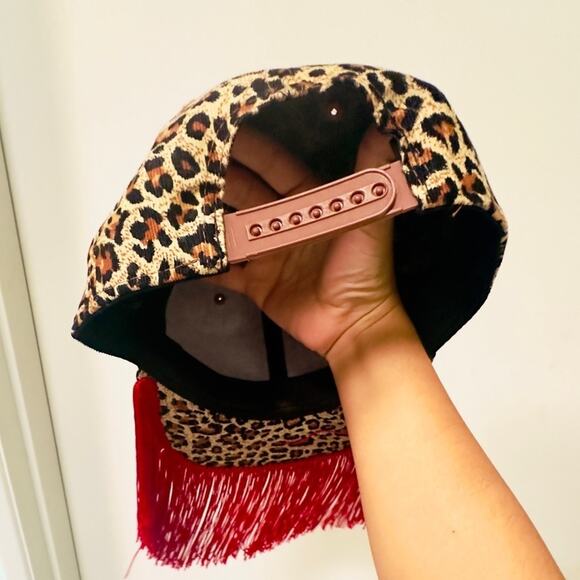 Leopard Print Cap with Red Fringe – Handmade Festival Party Hat main image 5